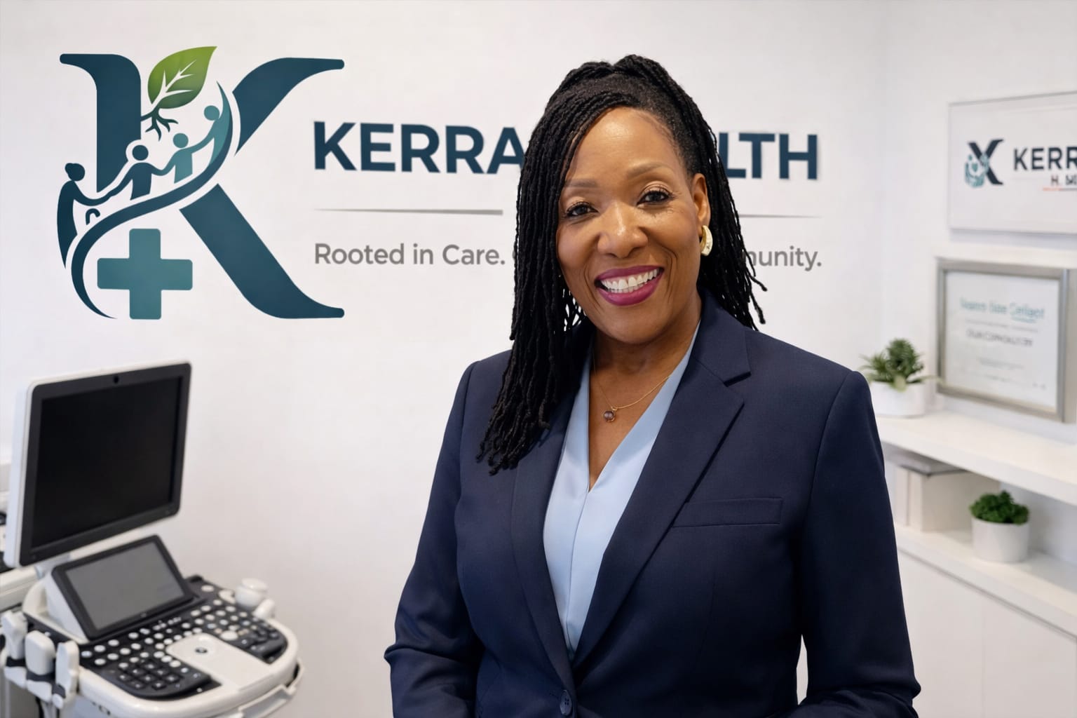 Connie Ndhlovu, Clinical Director of Kerra Health CIC, in the clinic beside an ultrasound machine and the Kerra Health branding.